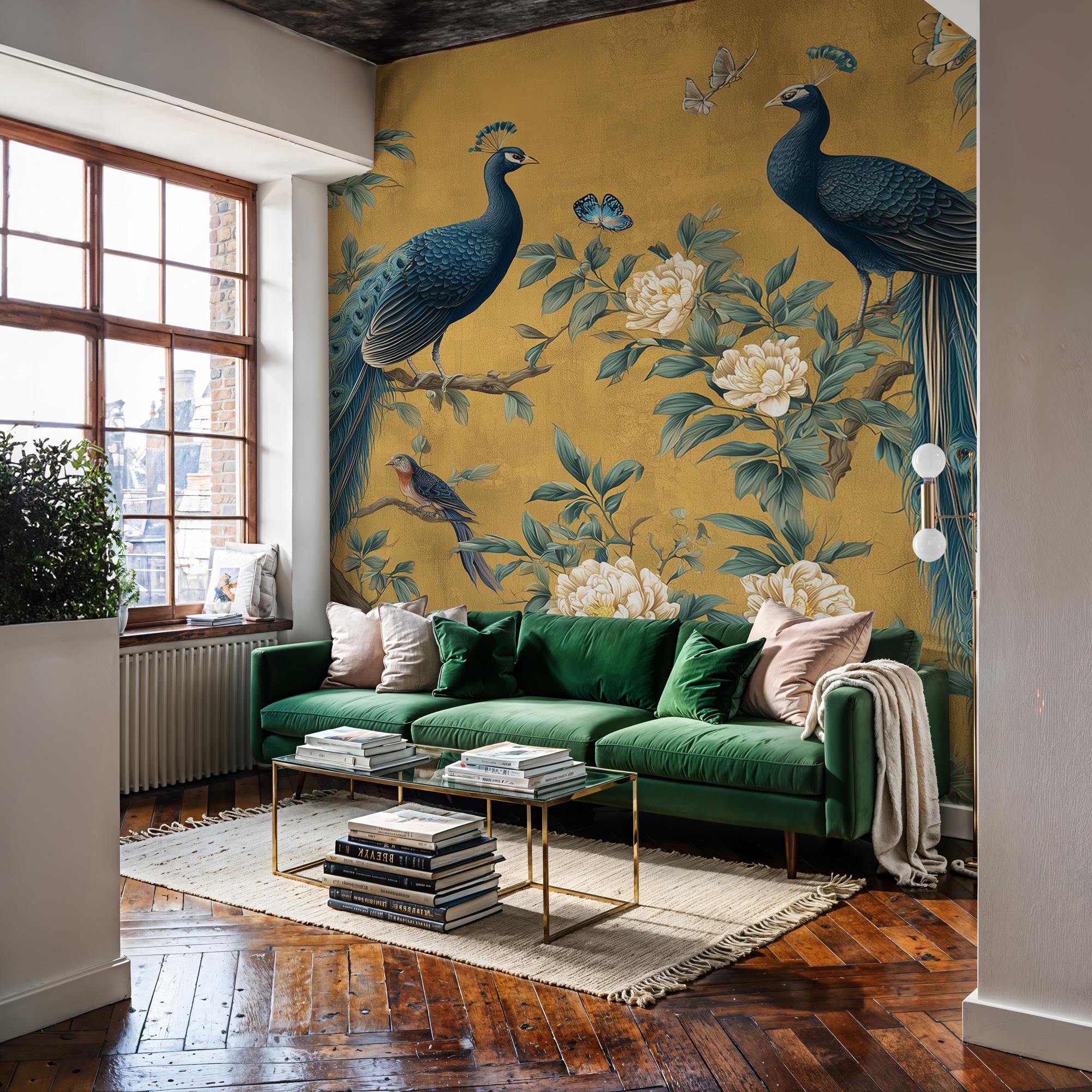 Chinoiserie Peacock Wallpaper: Golden Botanical Mural, Elegant Asian Decor - View 3