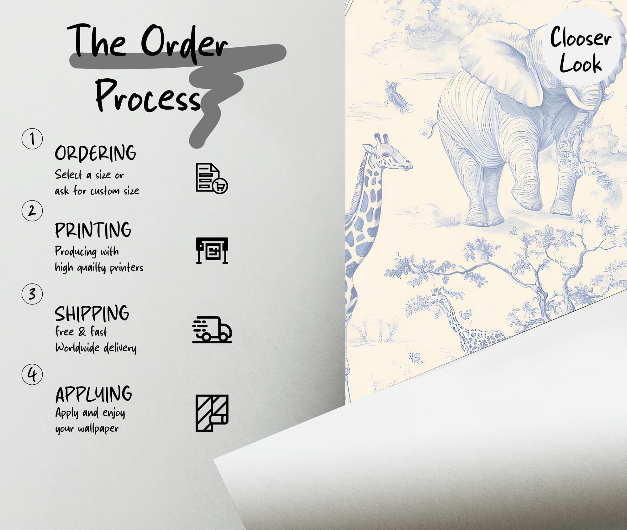 Blue Safari Toile Wallpaper: Kids Room Animal Wall Mural - View 6