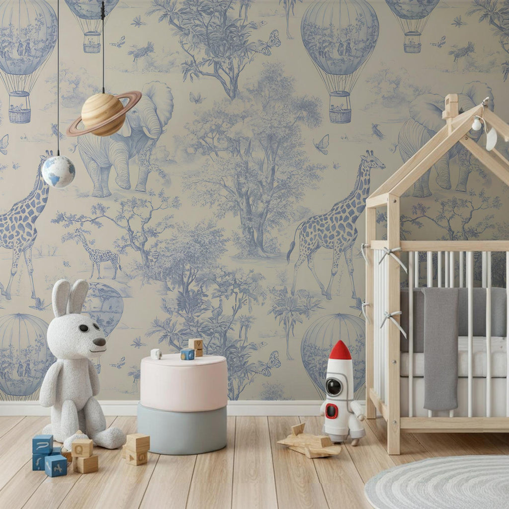 Blue Safari Toile Wallpaper: Kids Room Animal Wall Mural - View 5