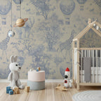 Blue Safari Toile Wallpaper: Kids Room Animal Wall Mural - View 5