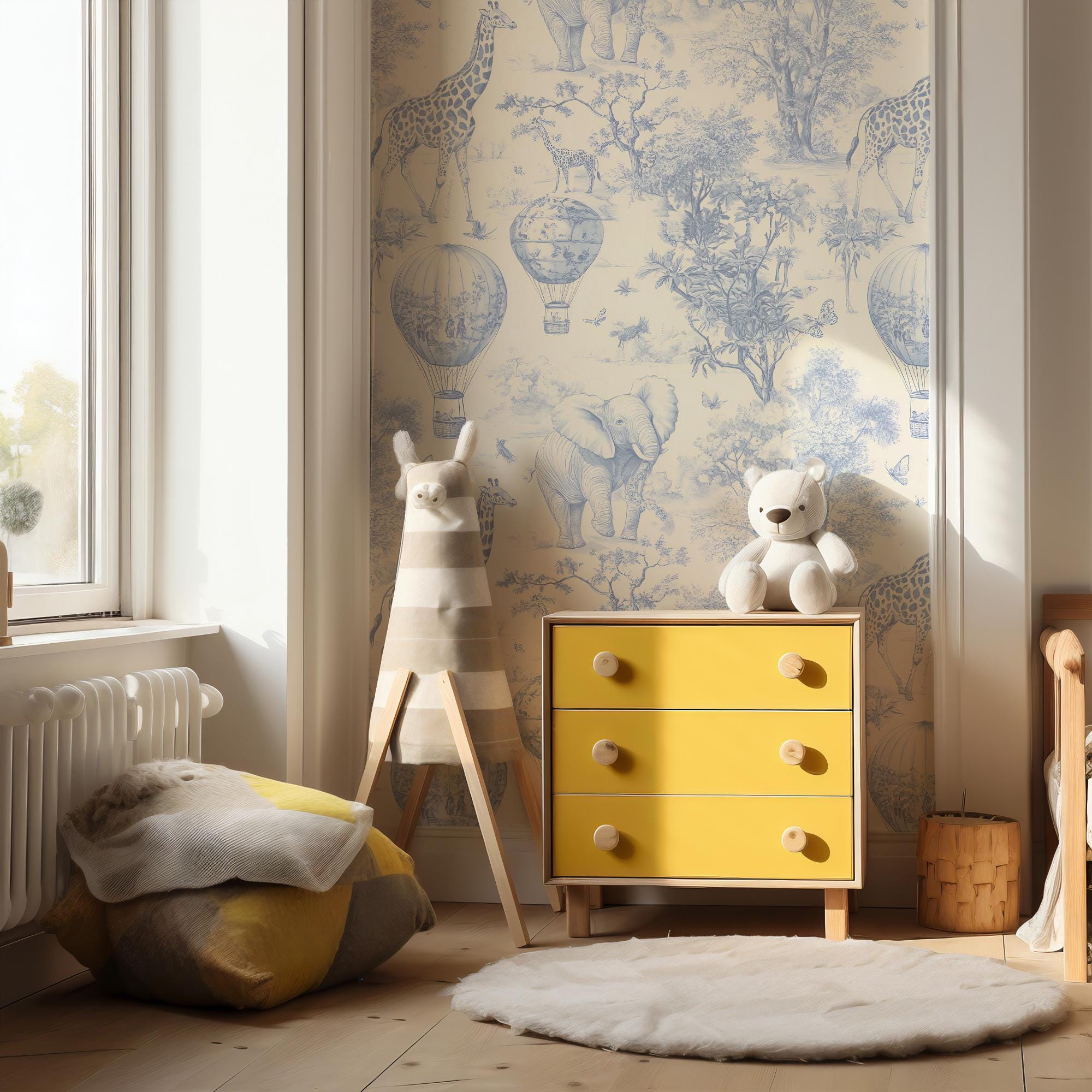 Blue Safari Toile Wallpaper: Kids Room Animal Wall Mural - View 3