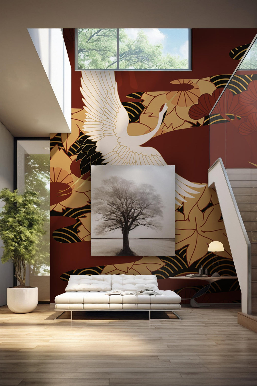 Japanese Crane Peel and Stick Wallpaper - Asian Floral Wall Mural - Red Gold Removable Wallpaper - View 7