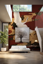 Japanese Crane Peel and Stick Wallpaper - Asian Floral Wall Mural - Red Gold Removable Wallpaper - View 7