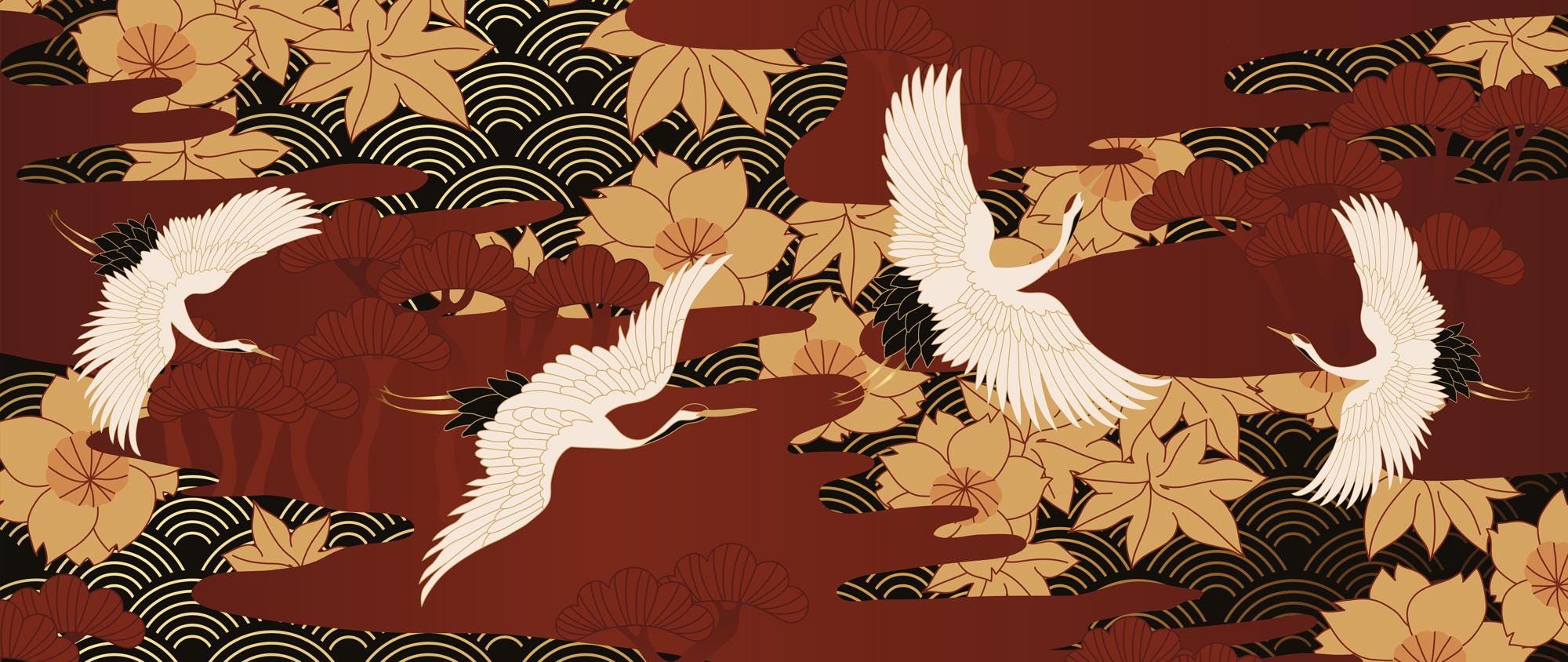 Japanese Crane Peel and Stick Wallpaper - Asian Floral Wall Mural - Red Gold Removable Wallpaper - View 6