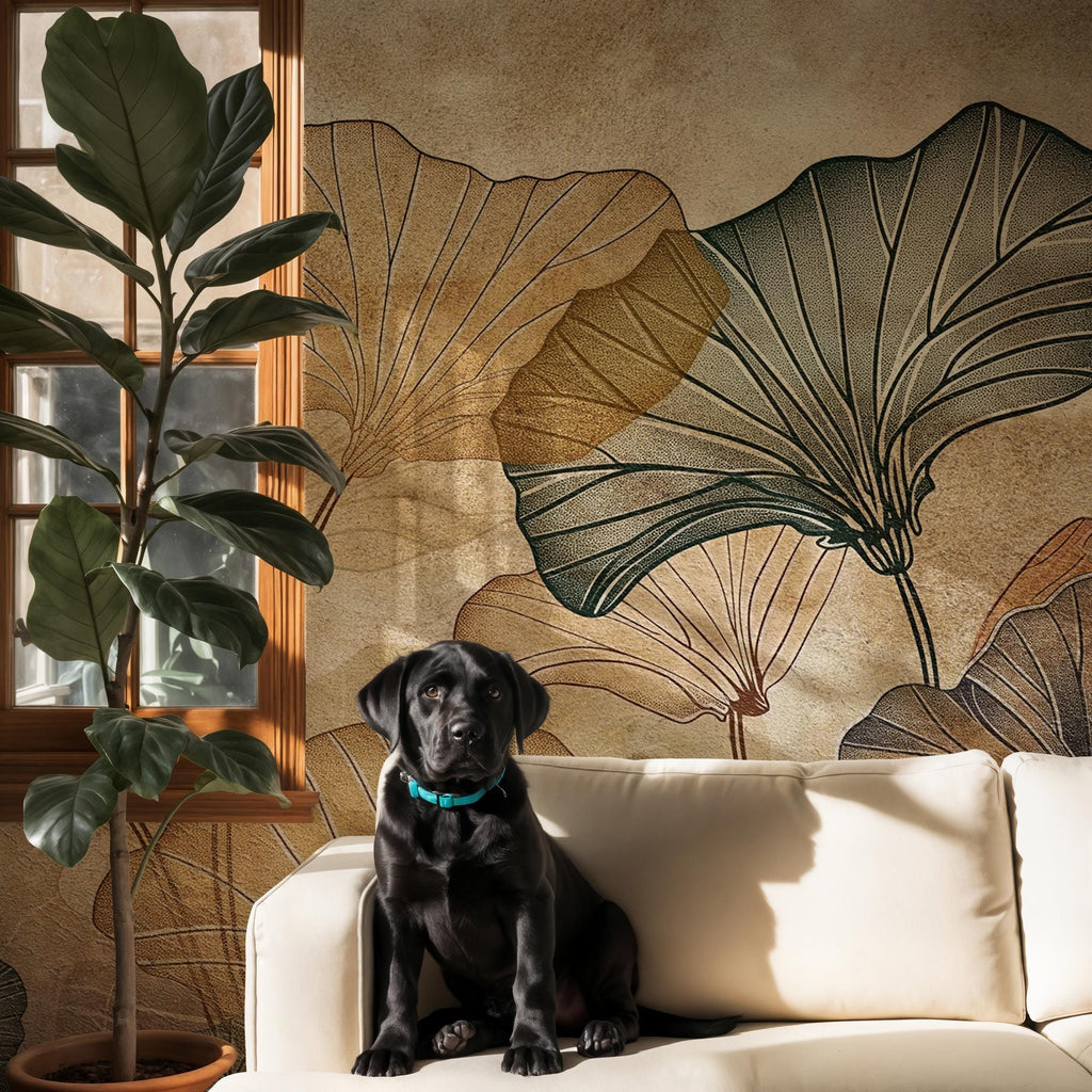 Ginkgo Leaf Wallpaper: Beige Japanese Wall Mural, Peel and Stick - View 2
