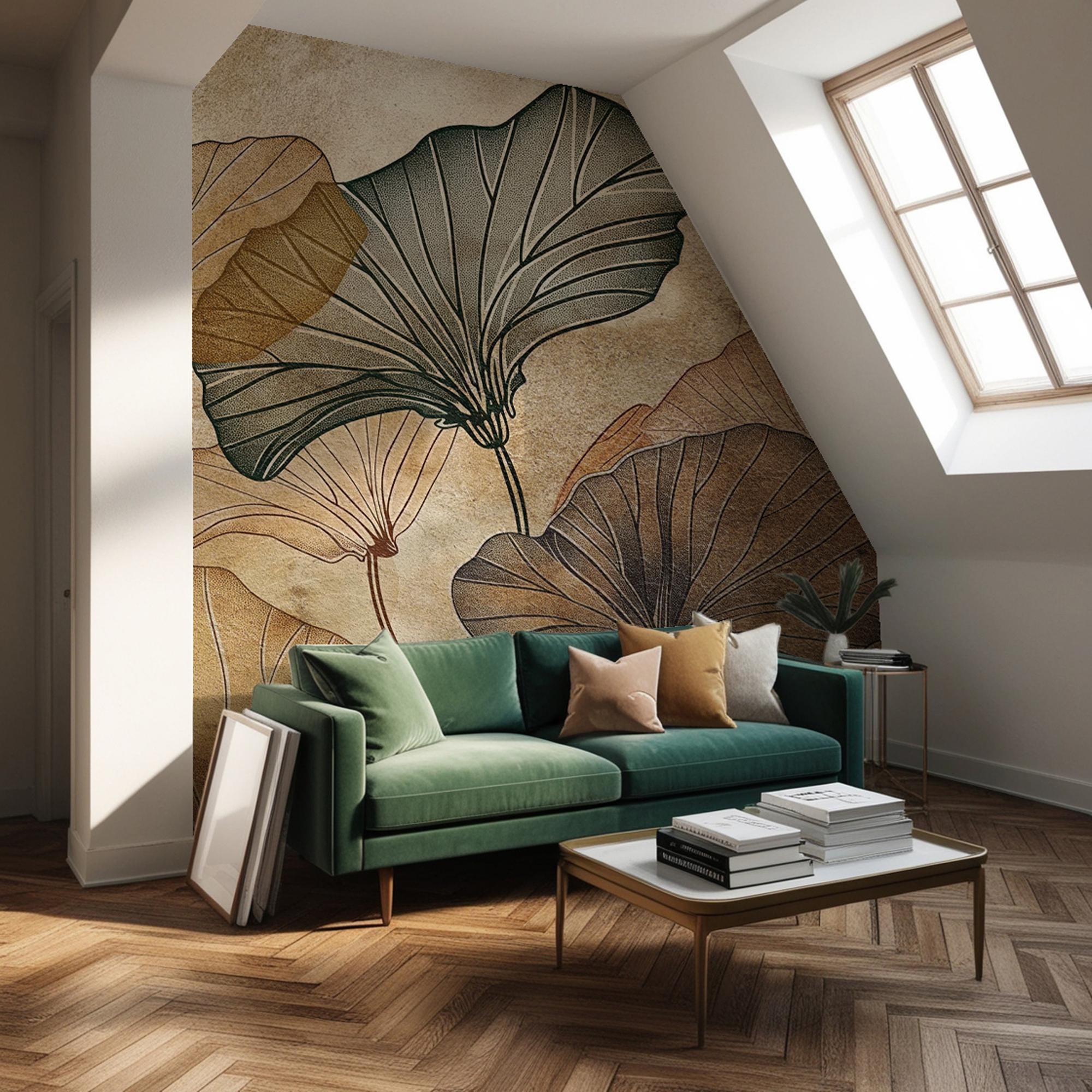 Ginkgo Leaf Wallpaper: Beige Japanese Wall Mural, Peel and Stick - View 3