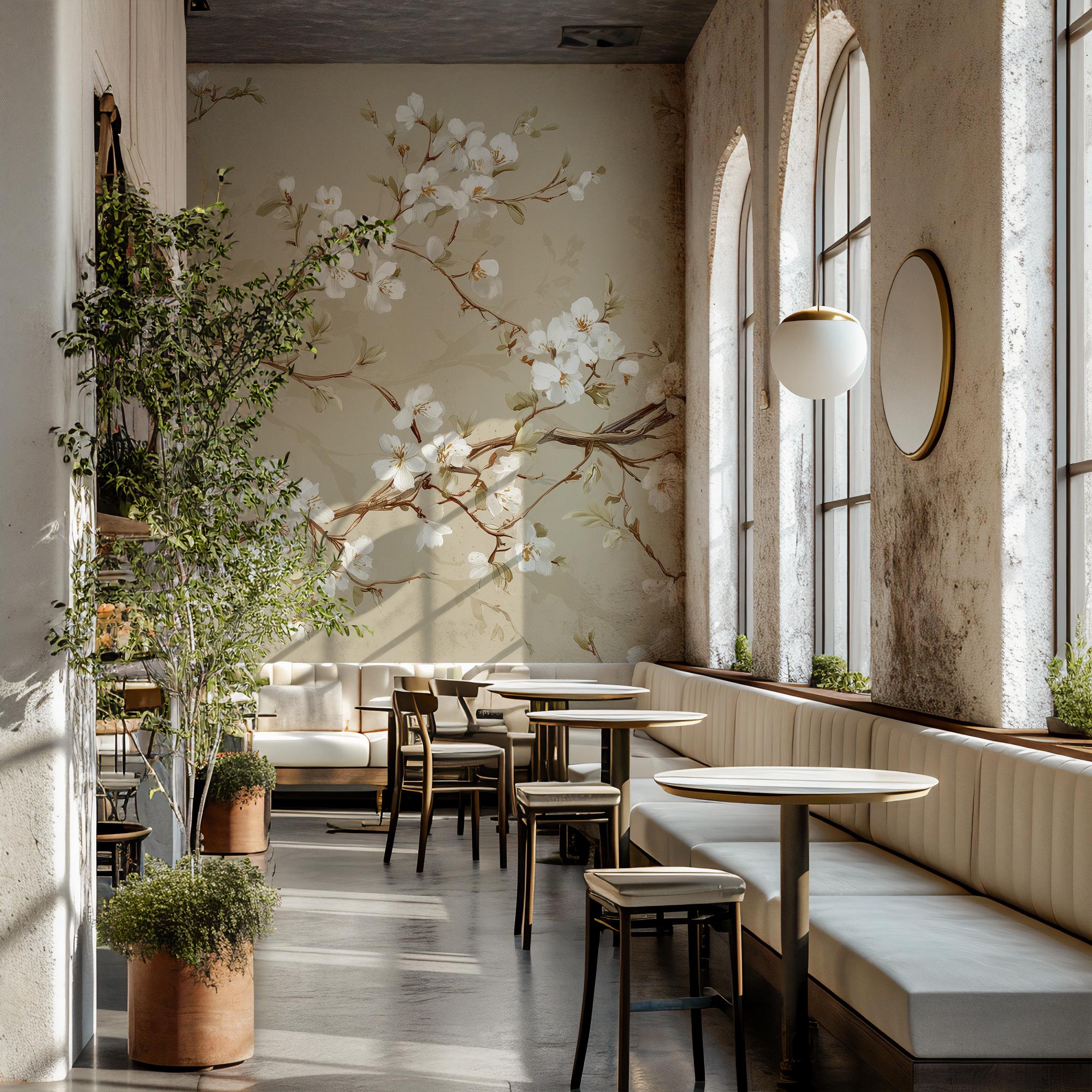 Cherry Blossom Wall Mural: Beige Chinoiserie Peel and Stick Wallpaper - View 3