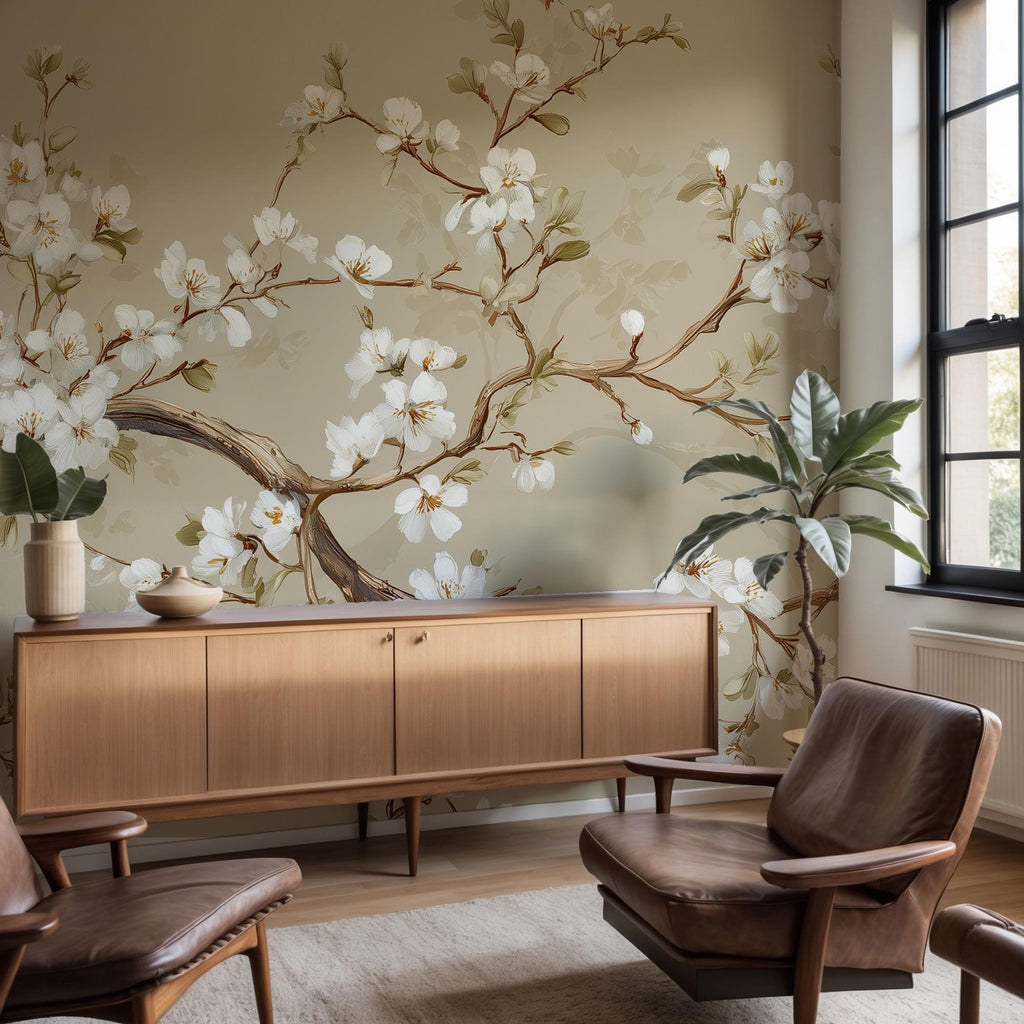 Cherry Blossom Wall Mural: Beige Chinoiserie Peel and Stick Wallpaper - View 2