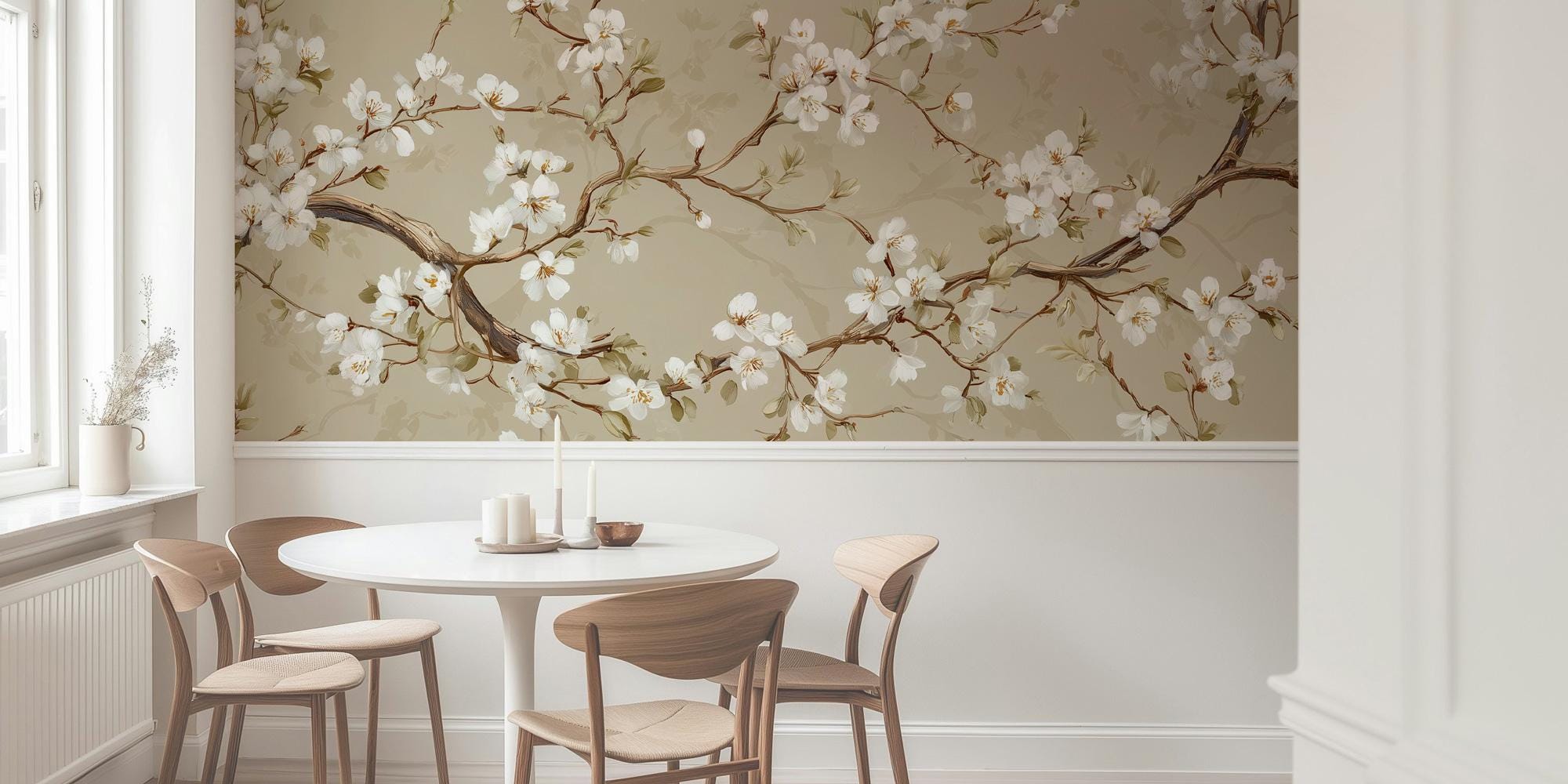 Cherry Blossom Wall Mural: Beige Chinoiserie Peel and Stick Wallpaper - View 4