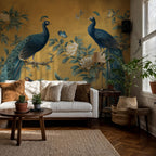 Chinoiserie Peacock Wallpaper: Golden Botanical Mural, Elegant Asian Decor - View 2