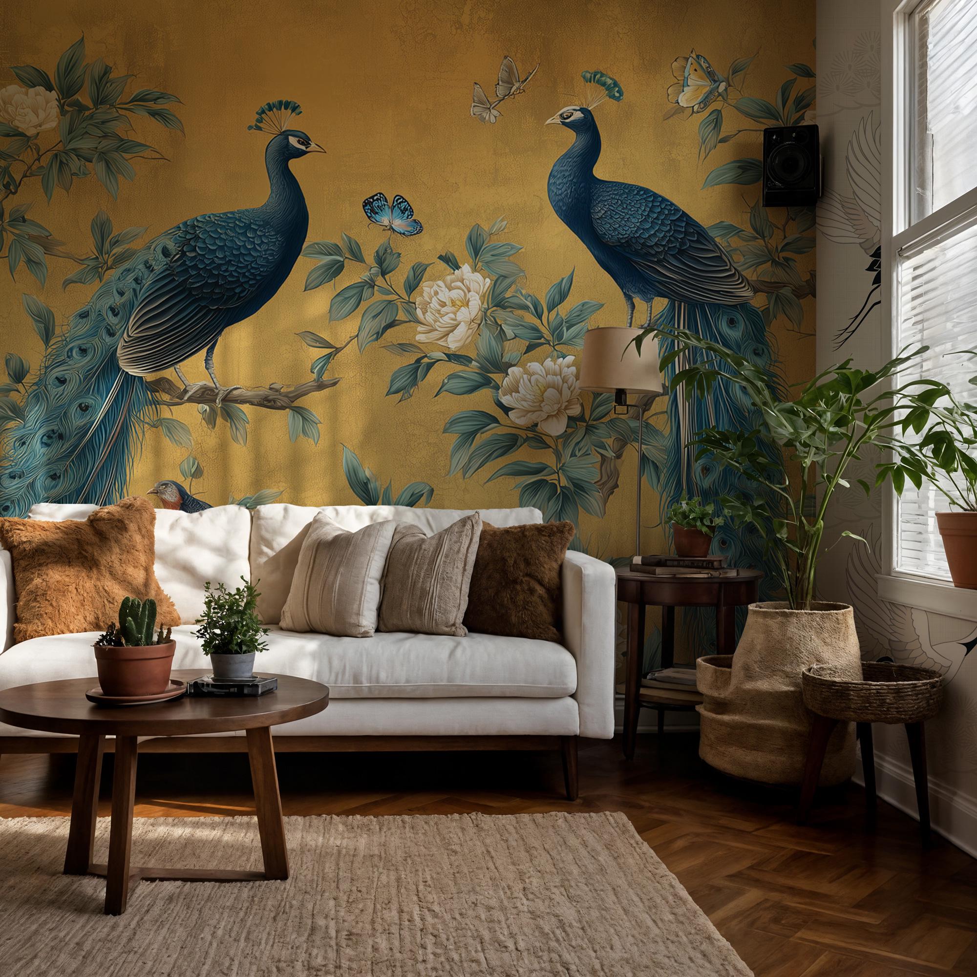 Chinoiserie Peacock Wallpaper: Golden Botanical Mural, Elegant Asian Decor - View 2