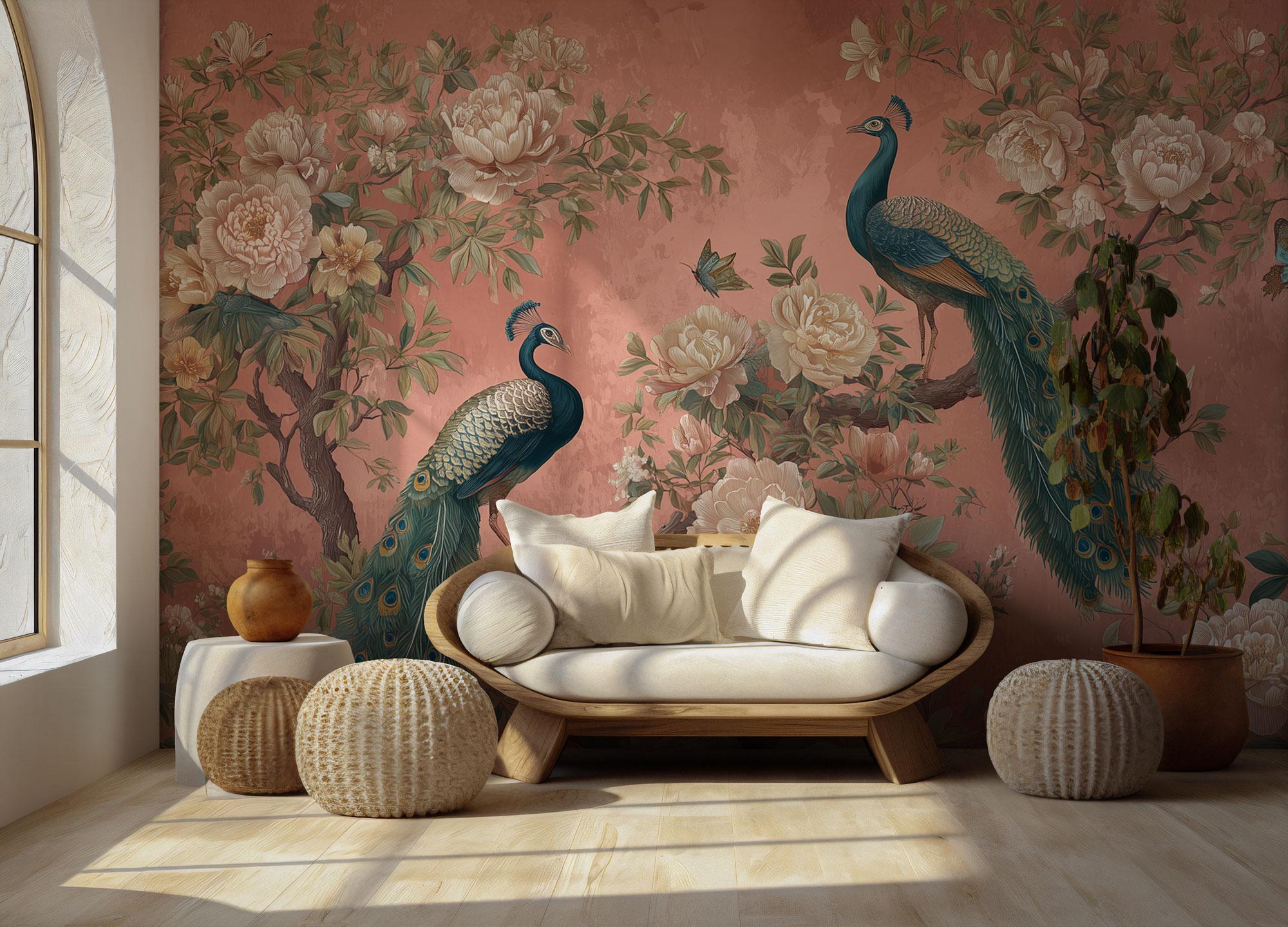 Peacock Wallpaper Peel and Stick, Chinoiserie Floral Wall Mural