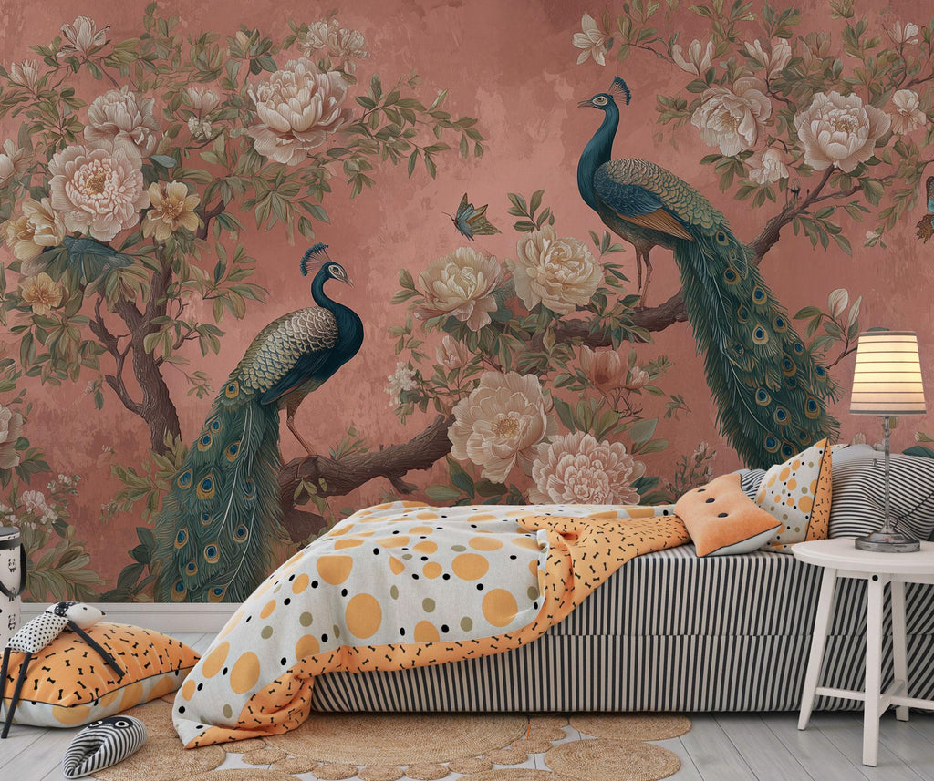 Peacock Wallpaper Peel and Stick, Chinoiserie Floral Wall Mural - View 4