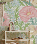 Pink Floral Peel and Stick Wallpaper: Vintage Botanical Wall Mural