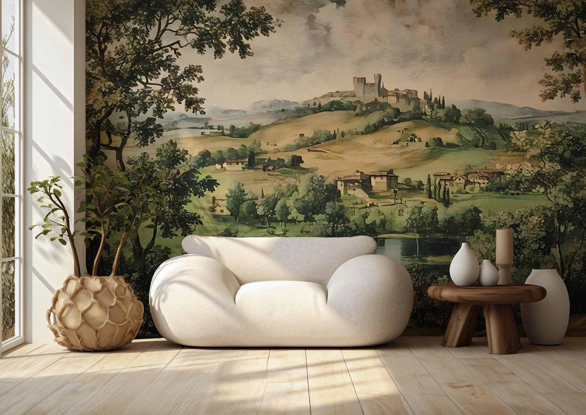Tuscan Countryside Wallpaper Mural: Vintage European Landscape - View 4