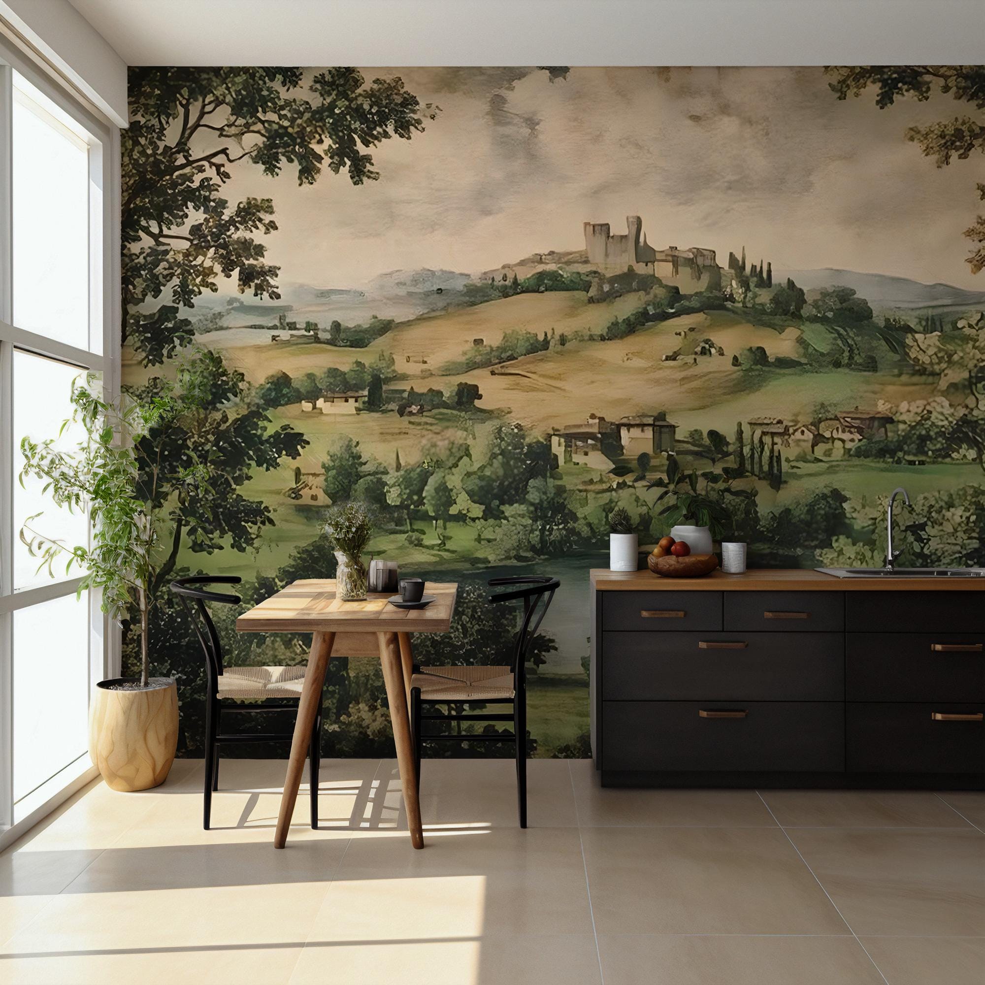 Tuscan Countryside Wallpaper Mural: Vintage European Landscape - View 3