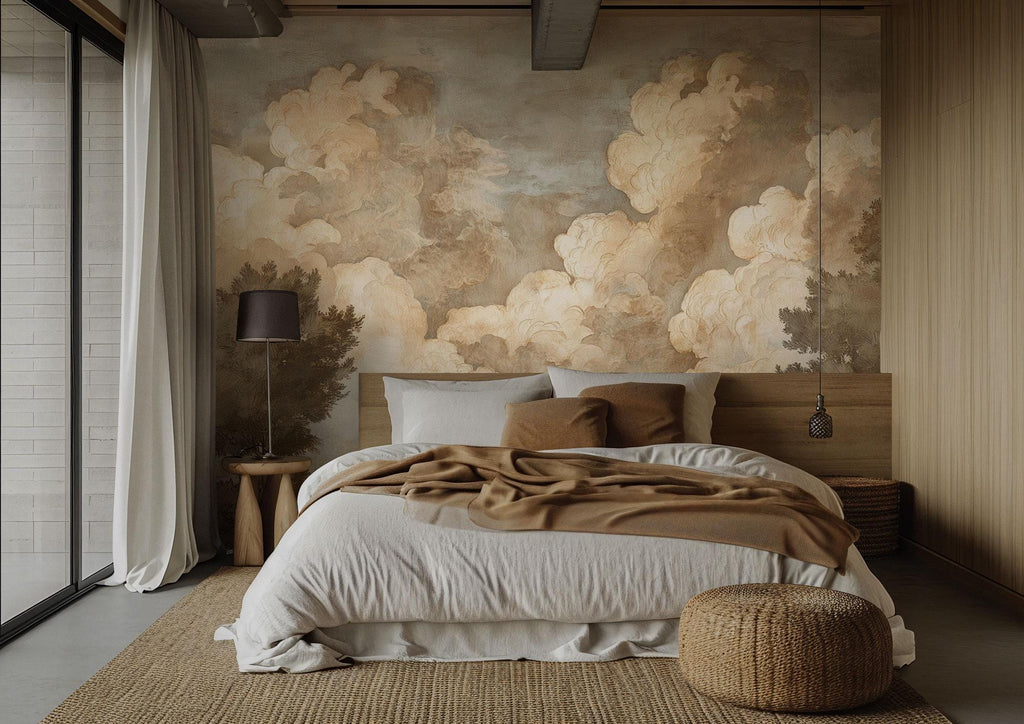 Cloudy Sky Wall Mural: Vintage Fresco Style Peel and Stick Wallpaper - View 3