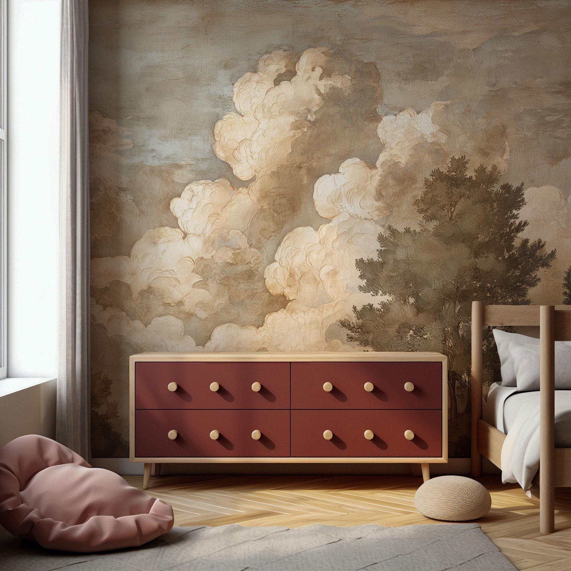 Cloudy Sky Wall Mural: Vintage Fresco Style Peel and Stick Wallpaper - View 2