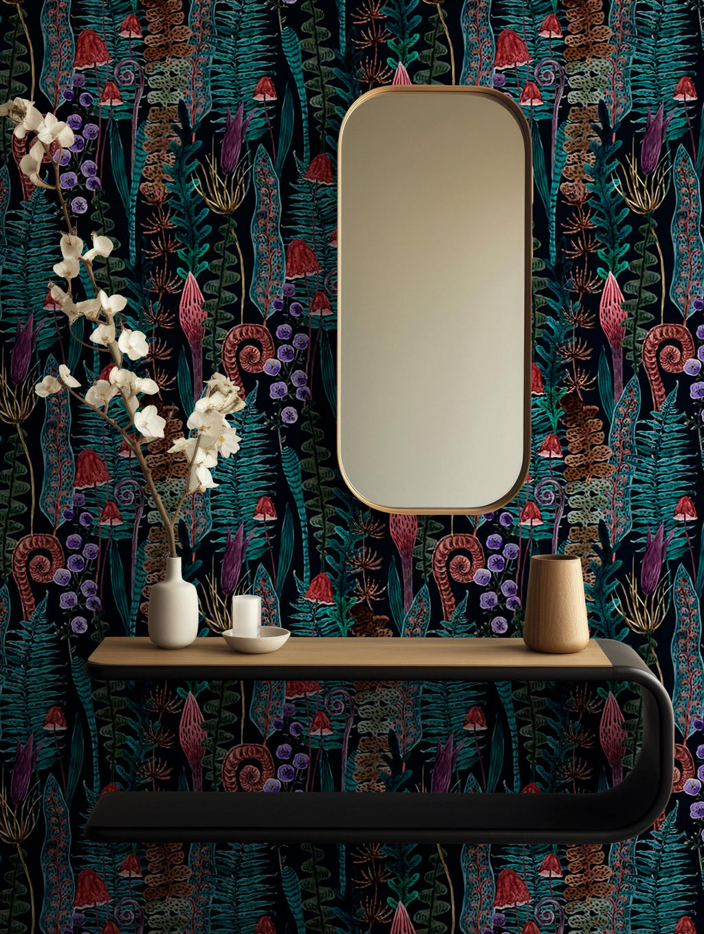 Mushroom Fern Wallpaper Mural: Dark Botanical Peel and Stick Wallpaper