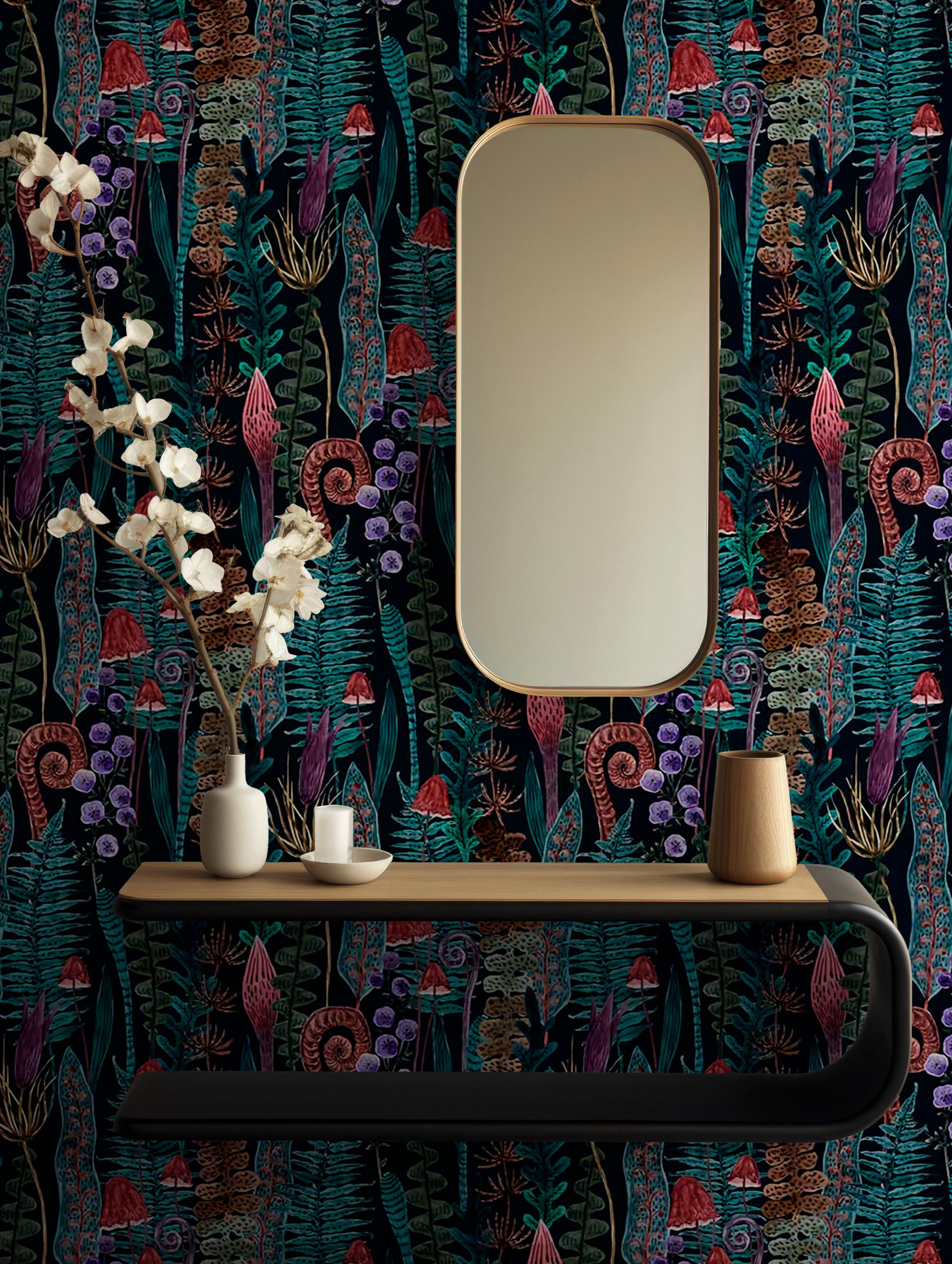 Mushroom Fern Wallpaper Mural: Dark Botanical Peel and Stick Wallpaper