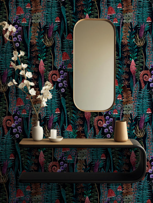 Mushroom Fern Wallpaper Mural: Dark Botanical Peel and Stick Wallpaper