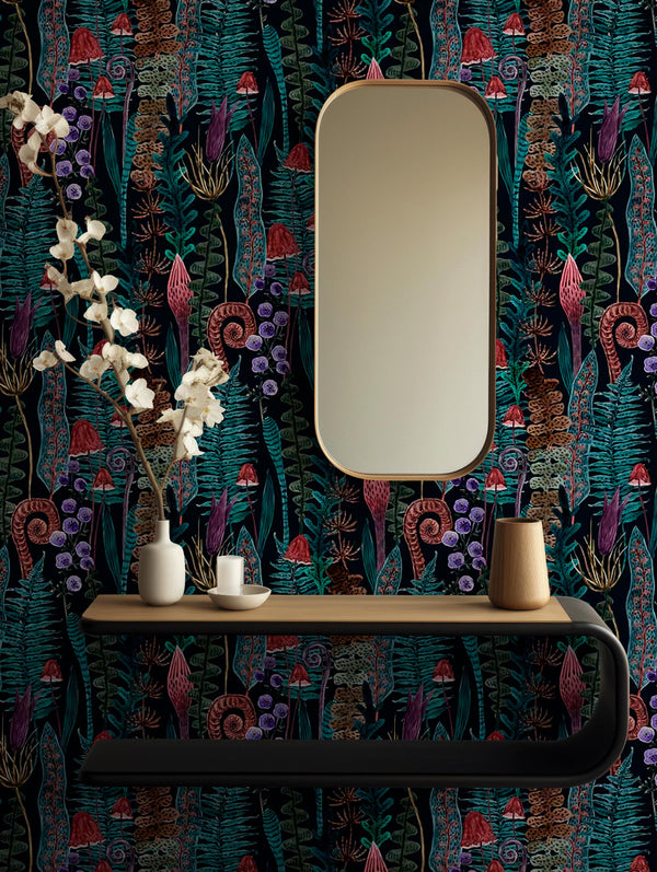 Mushroom Fern Wallpaper Mural: Dark Botanical Peel and Stick Wallpaper