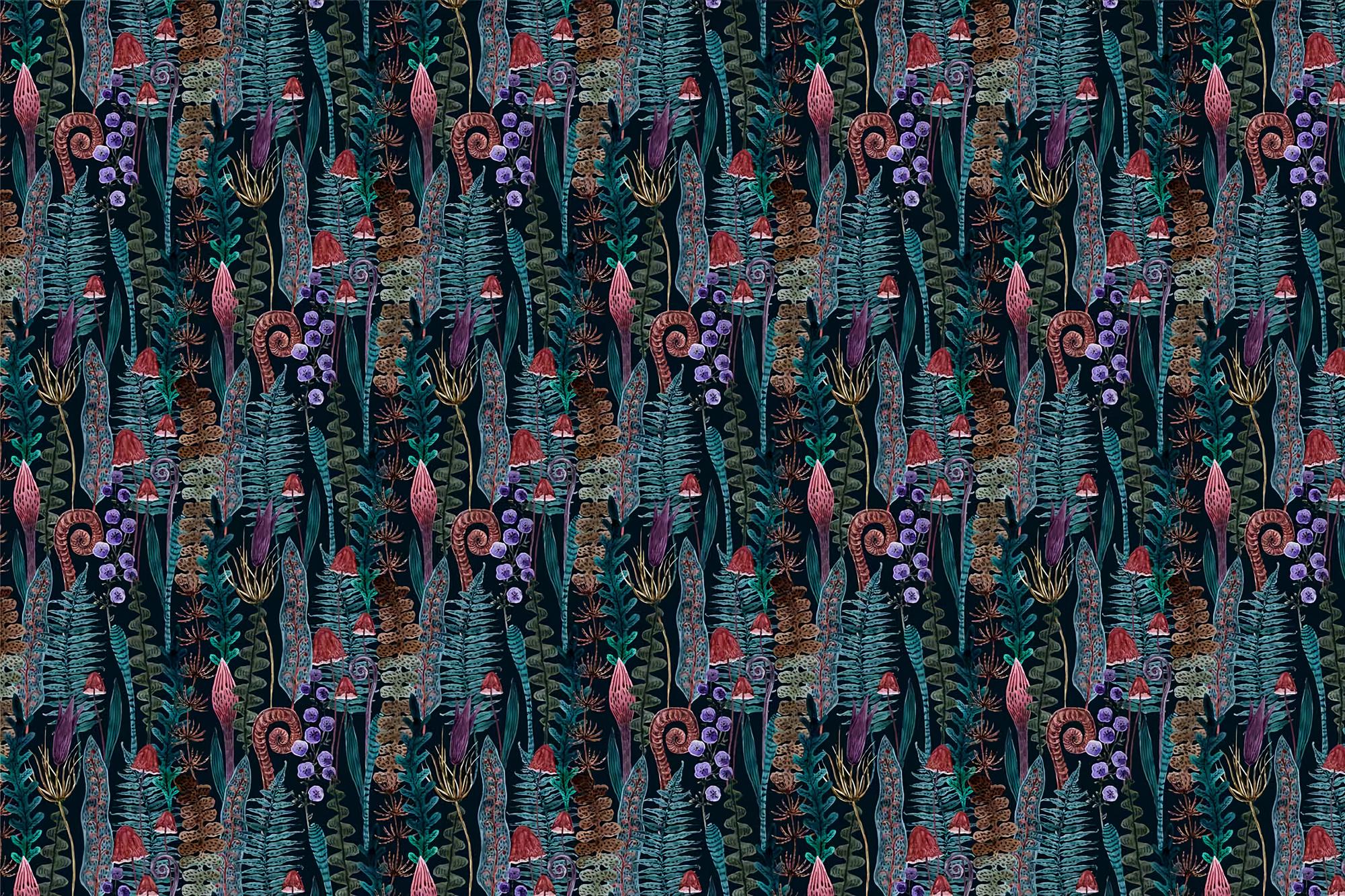 Mushroom Fern Wallpaper Mural: Dark Botanical Peel and Stick Wallpaper - View 2