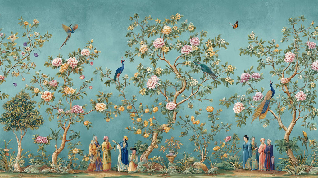 Chinoiserie Peacock Mural: Turquoise Floral Peel and Stick Wallpaper - View 6