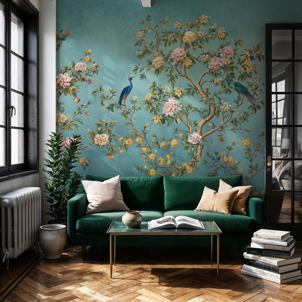 Chinoiserie Peacock Mural: Turquoise Floral Peel and Stick Wallpaper - View 2