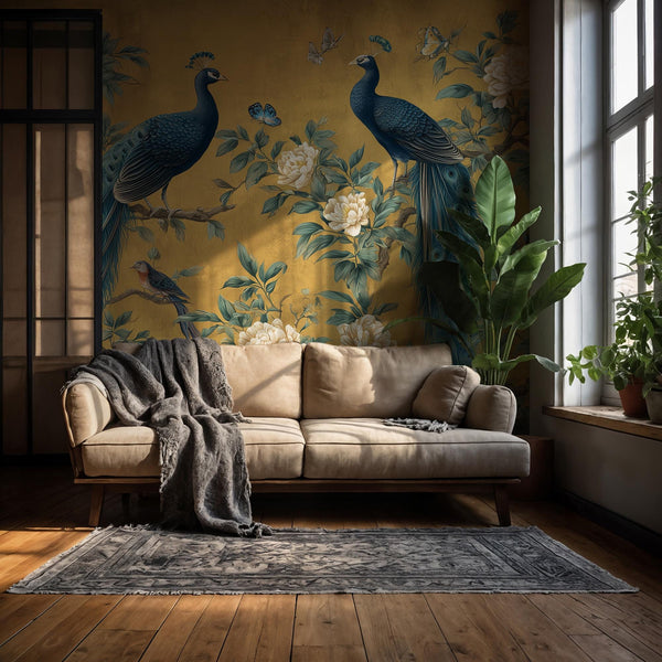 Chinoiserie Peacock Wallpaper: Golden Botanical Mural, Elegant Asian Decor