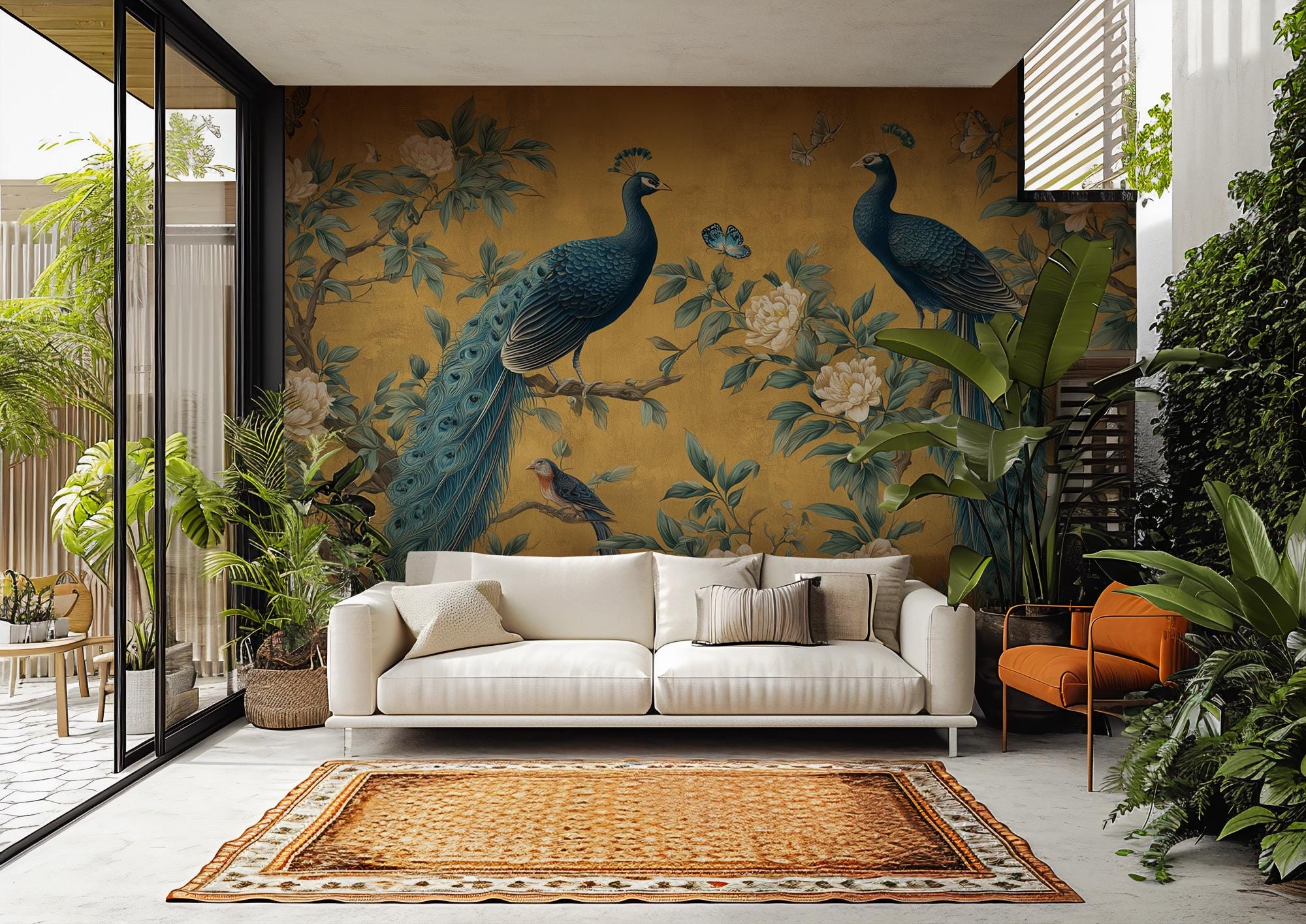 Chinoiserie Peacock Wallpaper: Golden Botanical Mural, Elegant Asian Decor - View 4