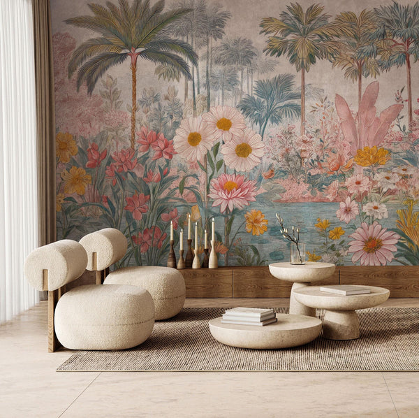 Tropical Floral Peel and Stick Wallpaper: Removable Botanical Wall Mural