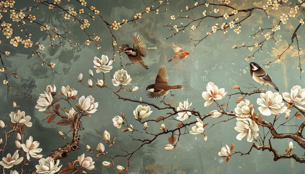 Magnolia Bird Chinoiserie Wallpaper - Botanical Green Peel and Stick Wall Mural - View 6