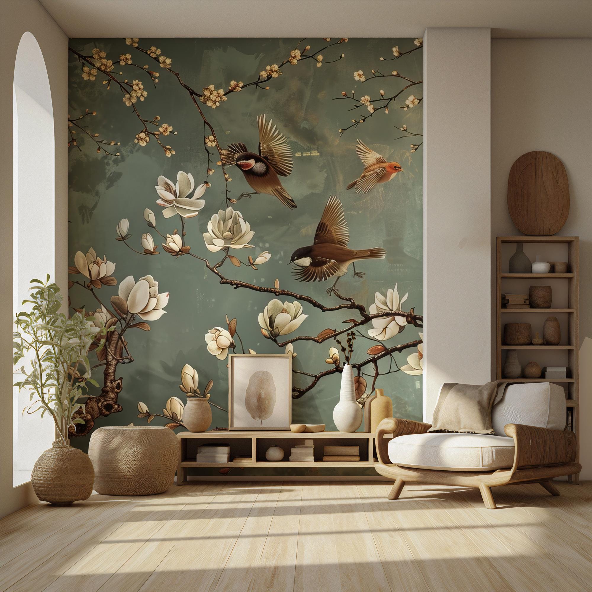 Magnolia Bird Chinoiserie Wallpaper - Botanical Green Peel and Stick Wall Mural - View 5