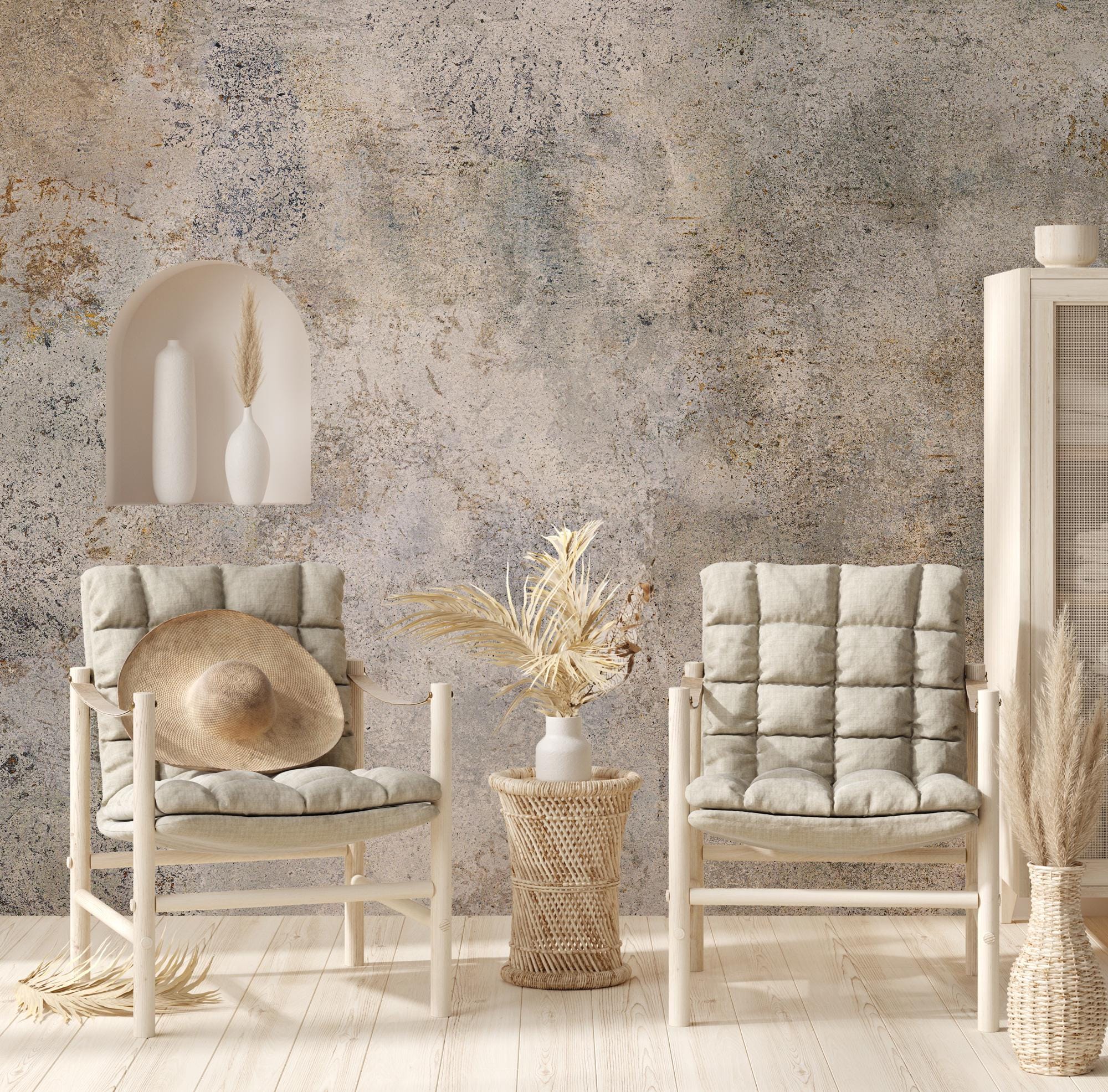Custom Beige Concrete Look Wallpaper, Industrial Wall Mural, Peel and Stick - View 2