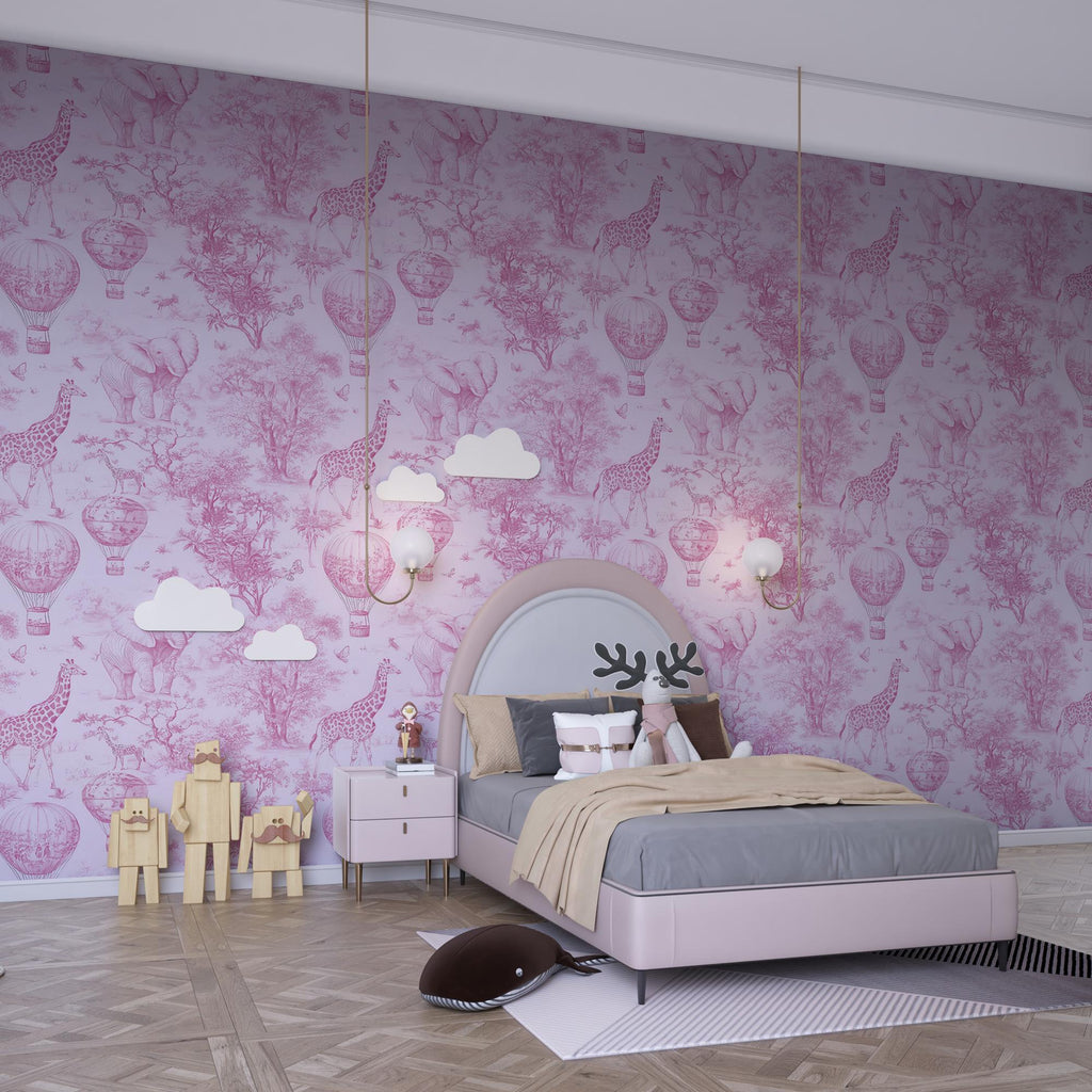 Pink Safari Nursery Wallpaper: Jungle Animals Peel and Stick Mural - View 2
