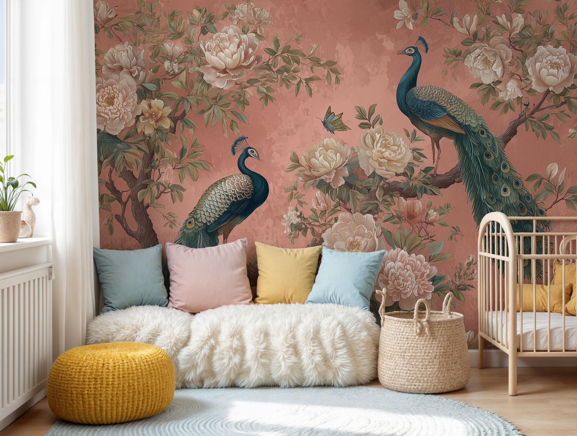 Peacock Wallpaper Peel and Stick, Chinoiserie Floral Wall Mural - View 3