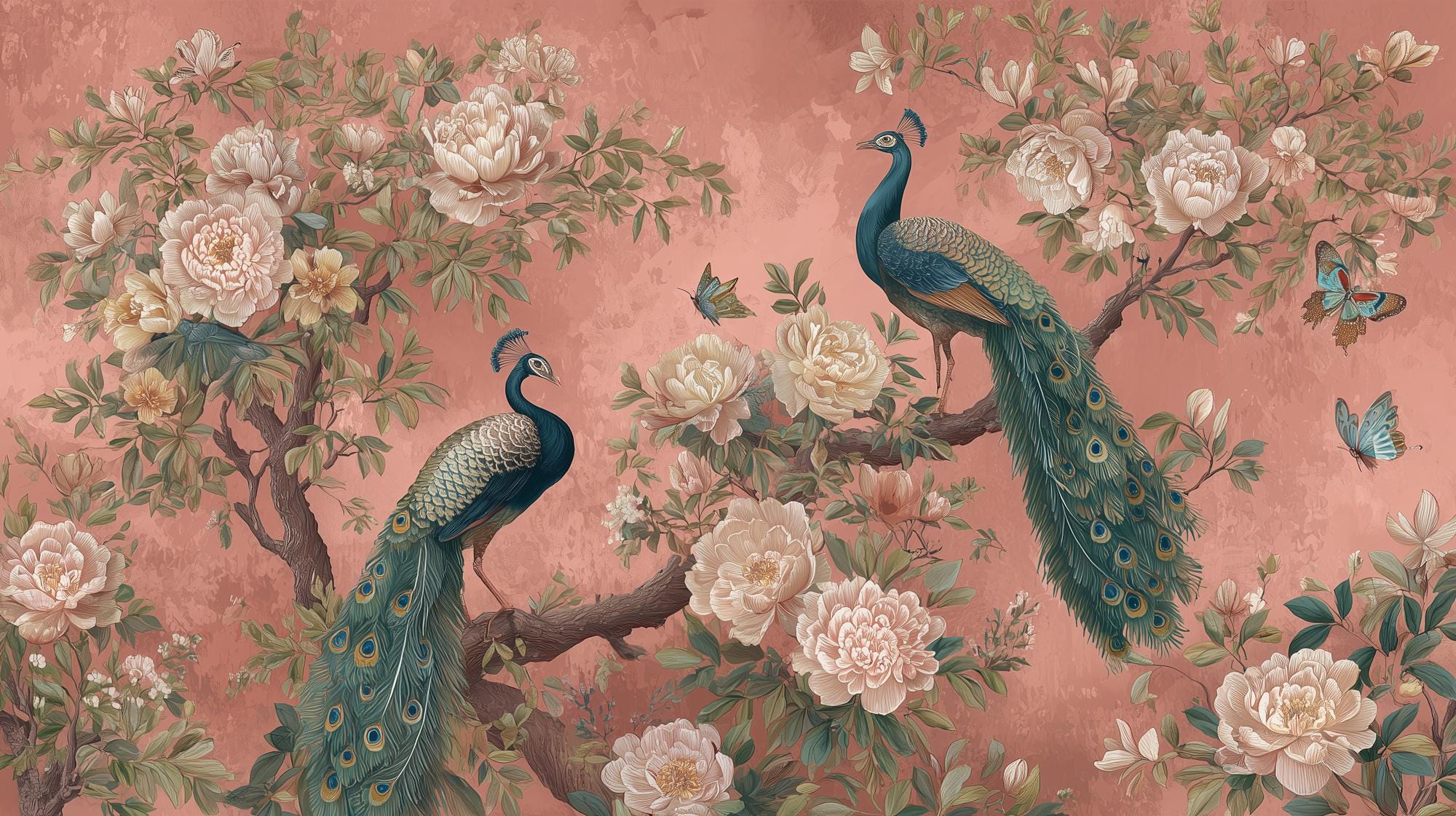 Peacock Wallpaper Peel and Stick, Chinoiserie Floral Wall Mural - View 6