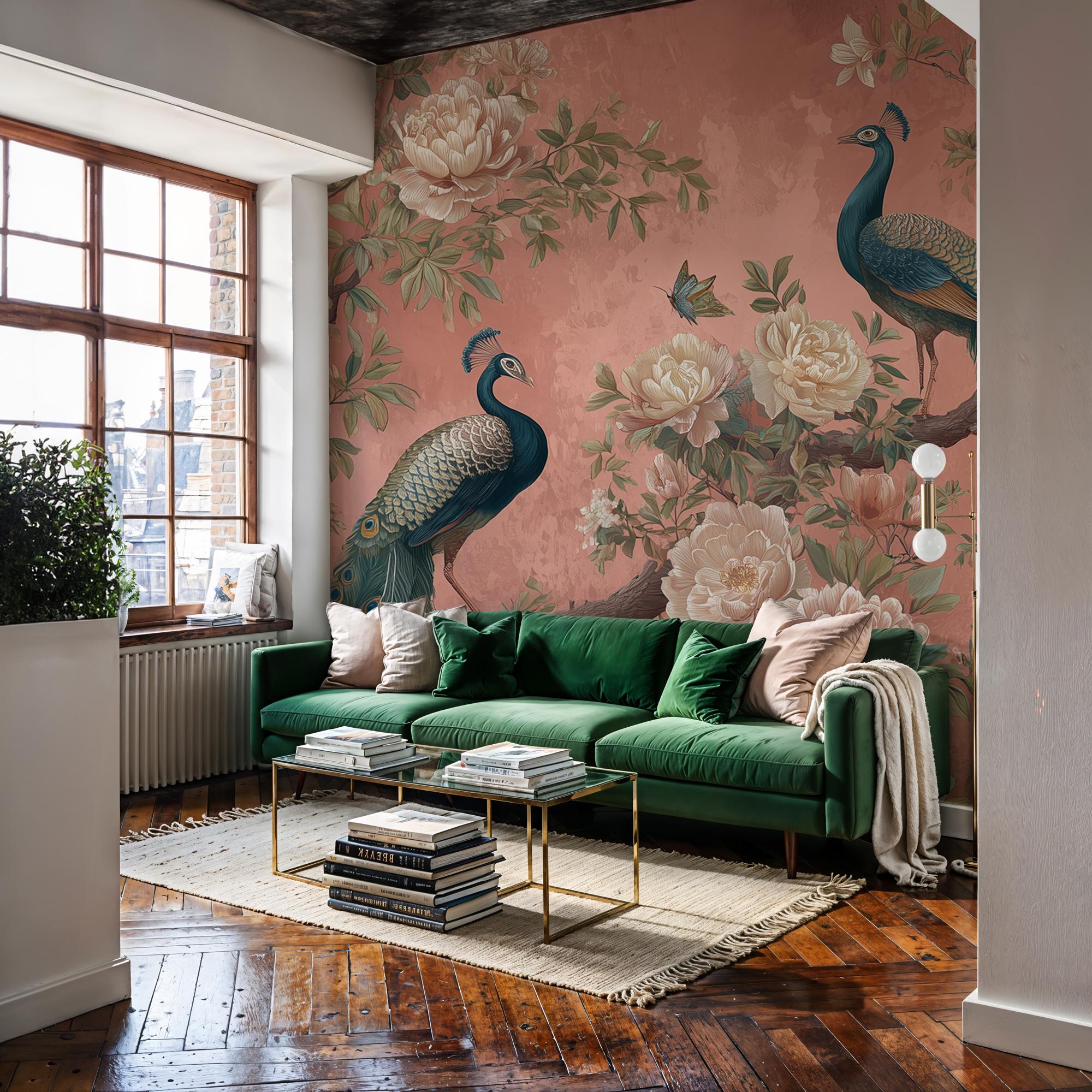 Peacock Wallpaper Peel and Stick, Chinoiserie Floral Wall Mural - View 2