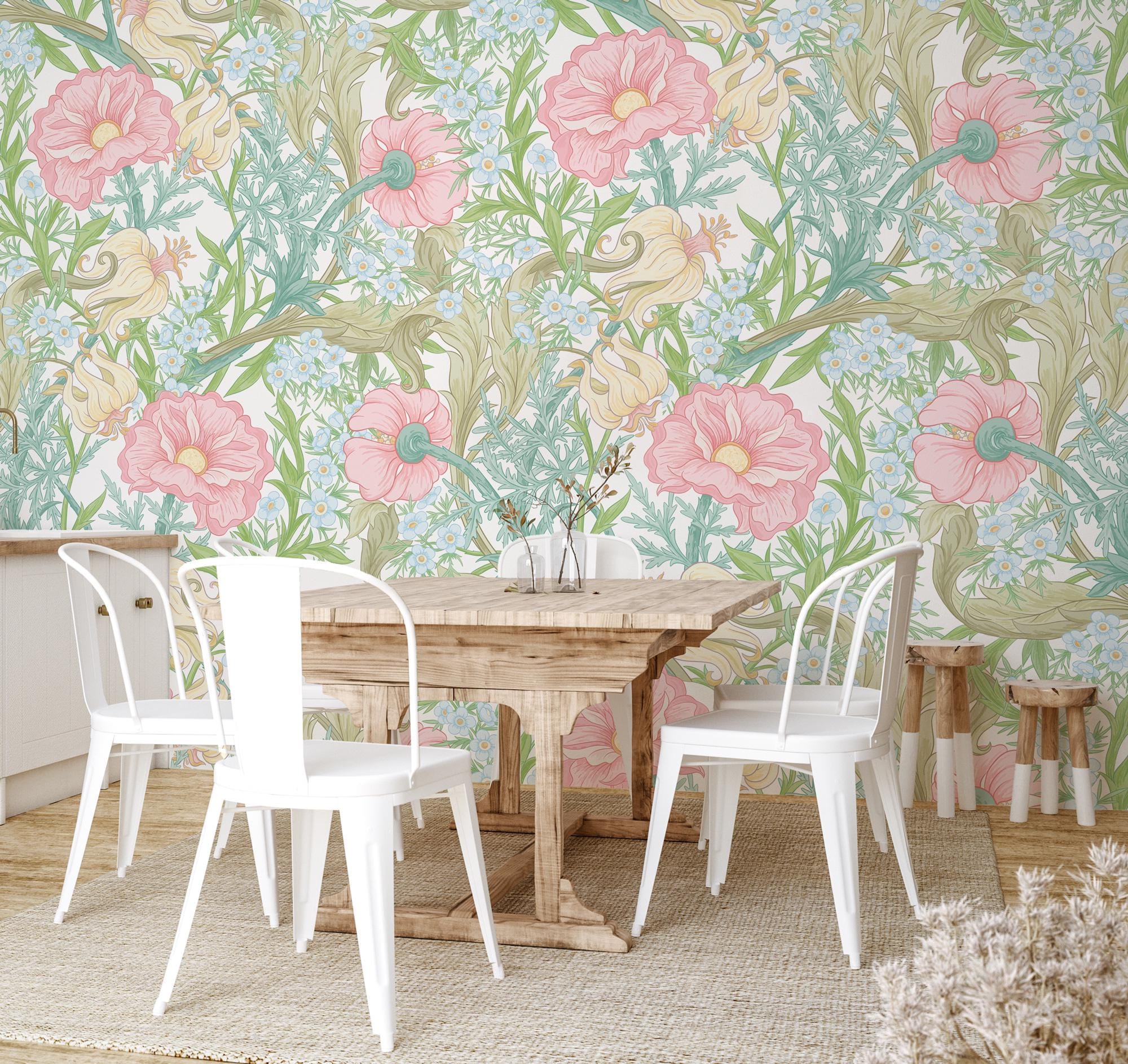 Pink Floral Peel and Stick Wallpaper: Vintage Botanical Wall Mural - View 3