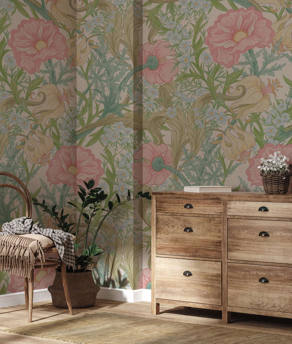 Pink Floral Peel and Stick Wallpaper: Vintage Botanical Wall Mural - View 2