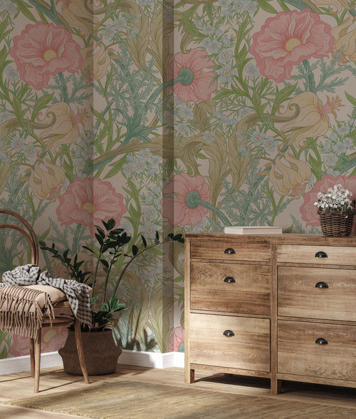 Pink Floral Peel and Stick Wallpaper: Vintage Botanical Wall Mural - View 2