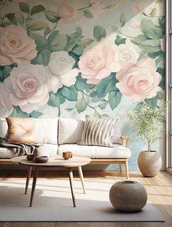 Watercolor Rose Peel and Stick Wallpaper: Blush Floral Wall Mural, Cottagecore Decor - View 2