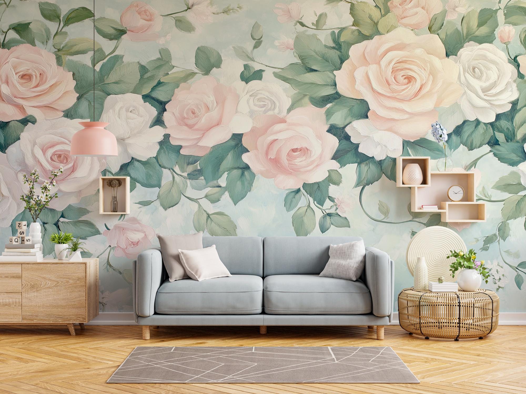 Watercolor Rose Peel and Stick Wallpaper: Blush Floral Wall Mural, Cottagecore Decor - View 5