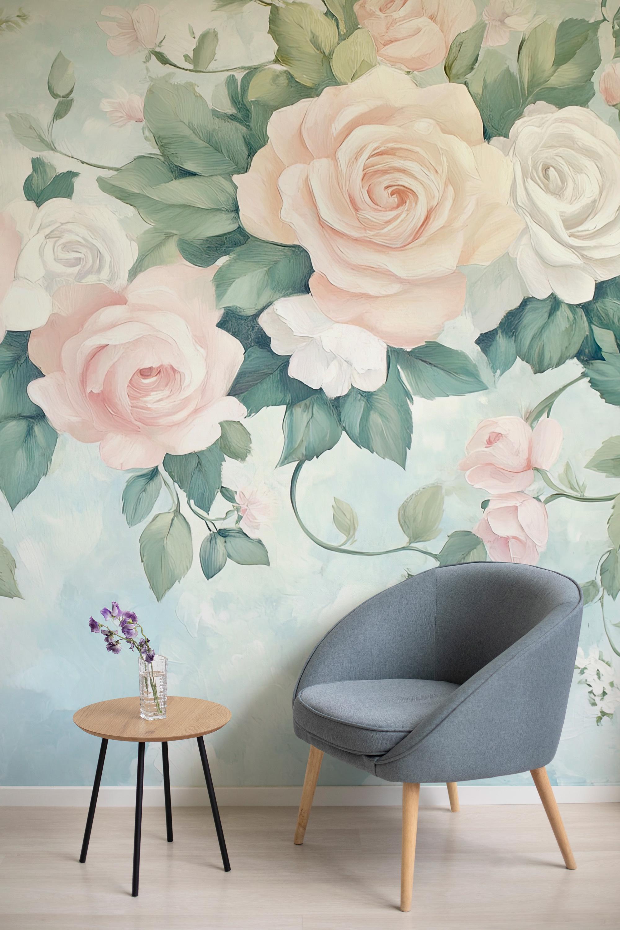 Watercolor Rose Peel and Stick Wallpaper: Blush Floral Wall Mural, Cottagecore Decor - View 4
