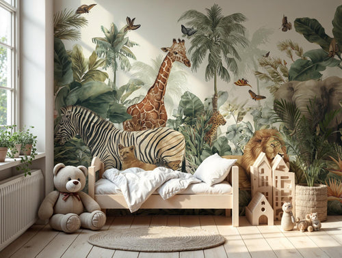 Safari Nursery Wallpaper: Peel and Stick Jungle Animals Wall Mural