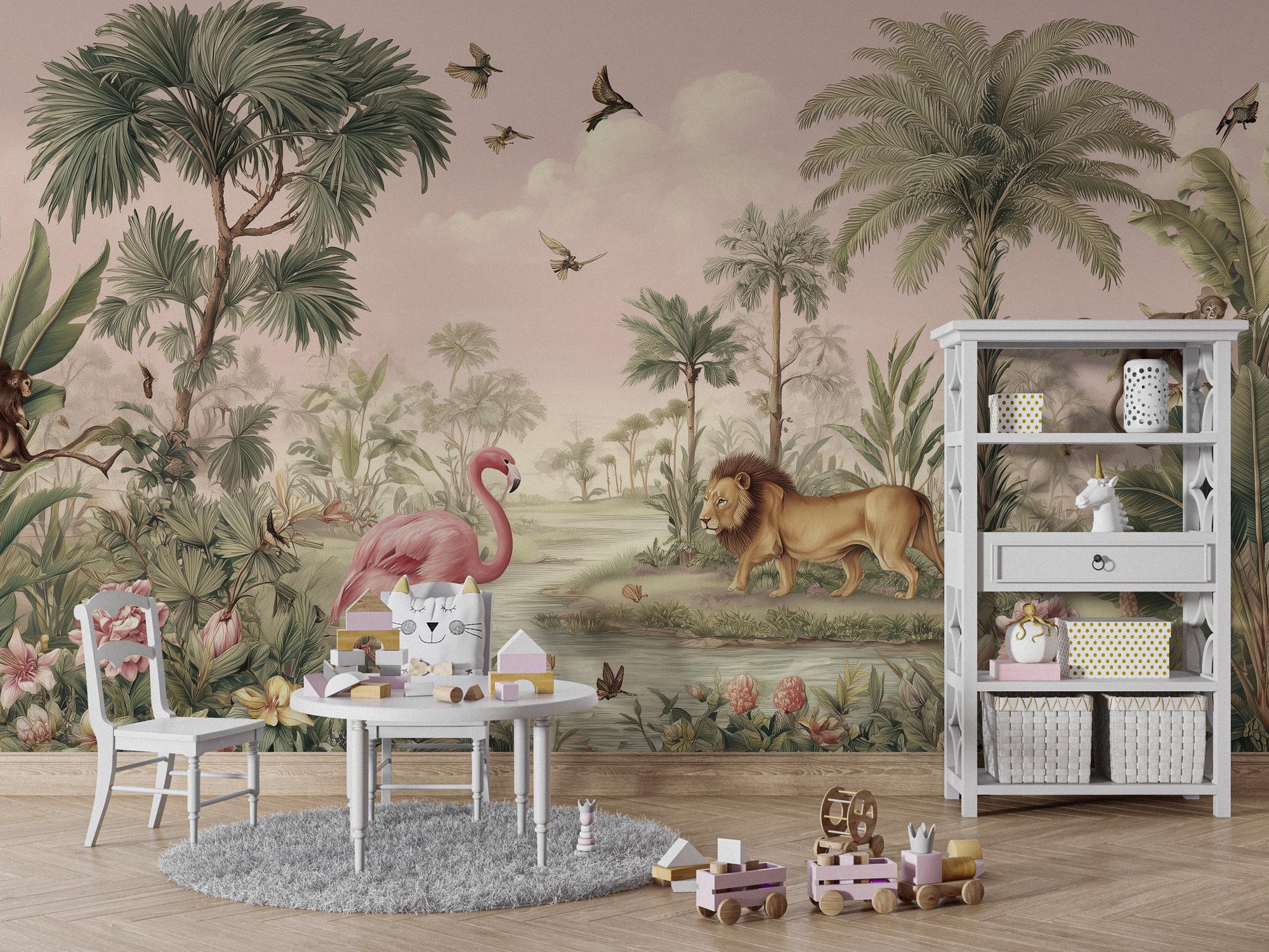 Pink Safari Peel and Stick Wallpaper, Jungle Animals Kids Room Mural - View 5