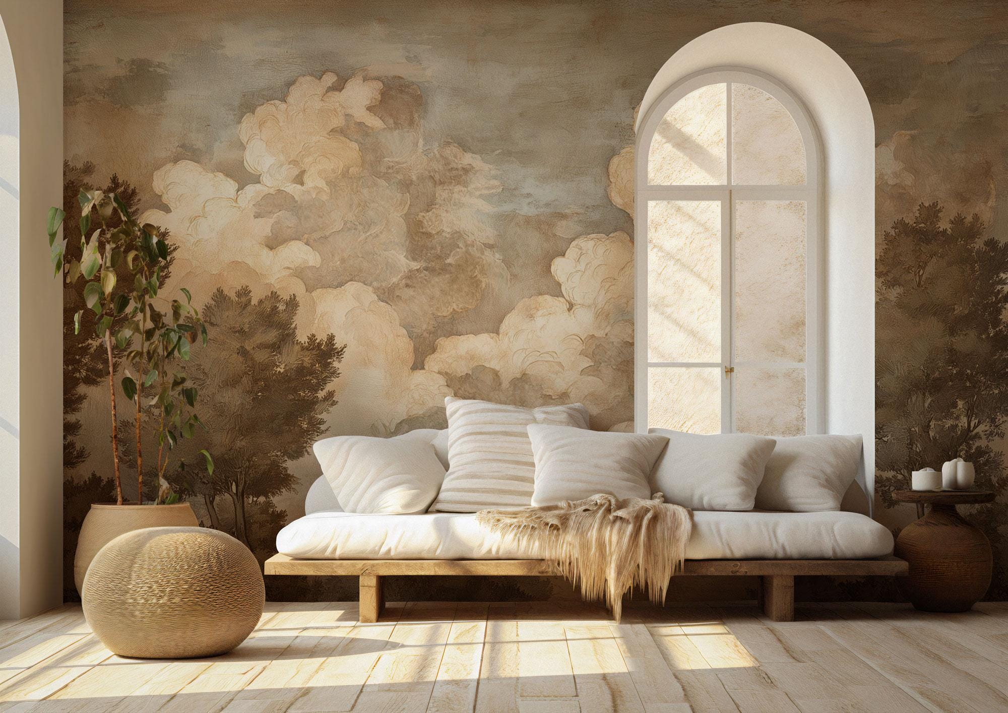 Cloudy Sky Wall Mural: Vintage Fresco Style Peel and Stick Wallpaper - View 5