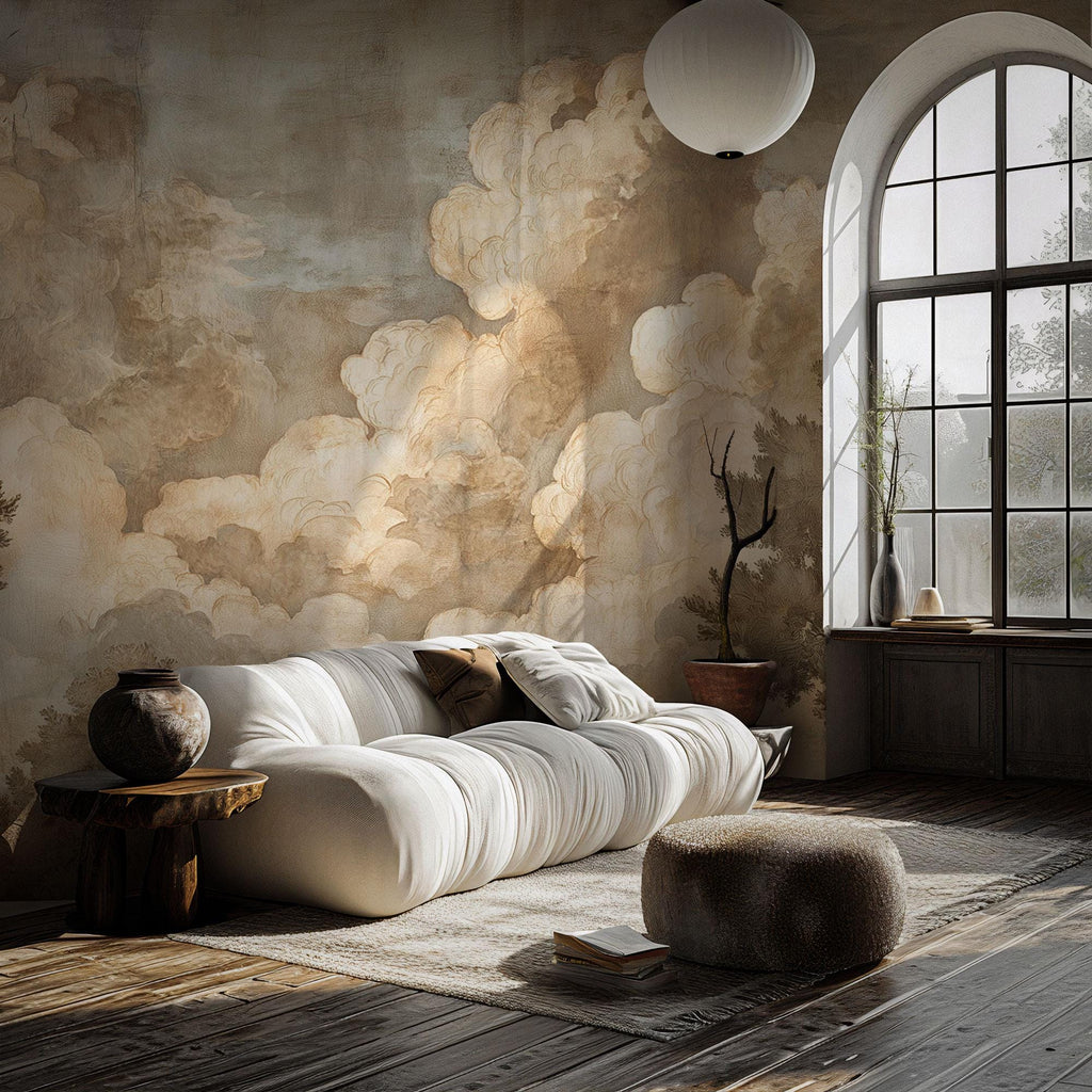 Cloudy Sky Wall Mural: Vintage Fresco Style Peel and Stick Wallpaper