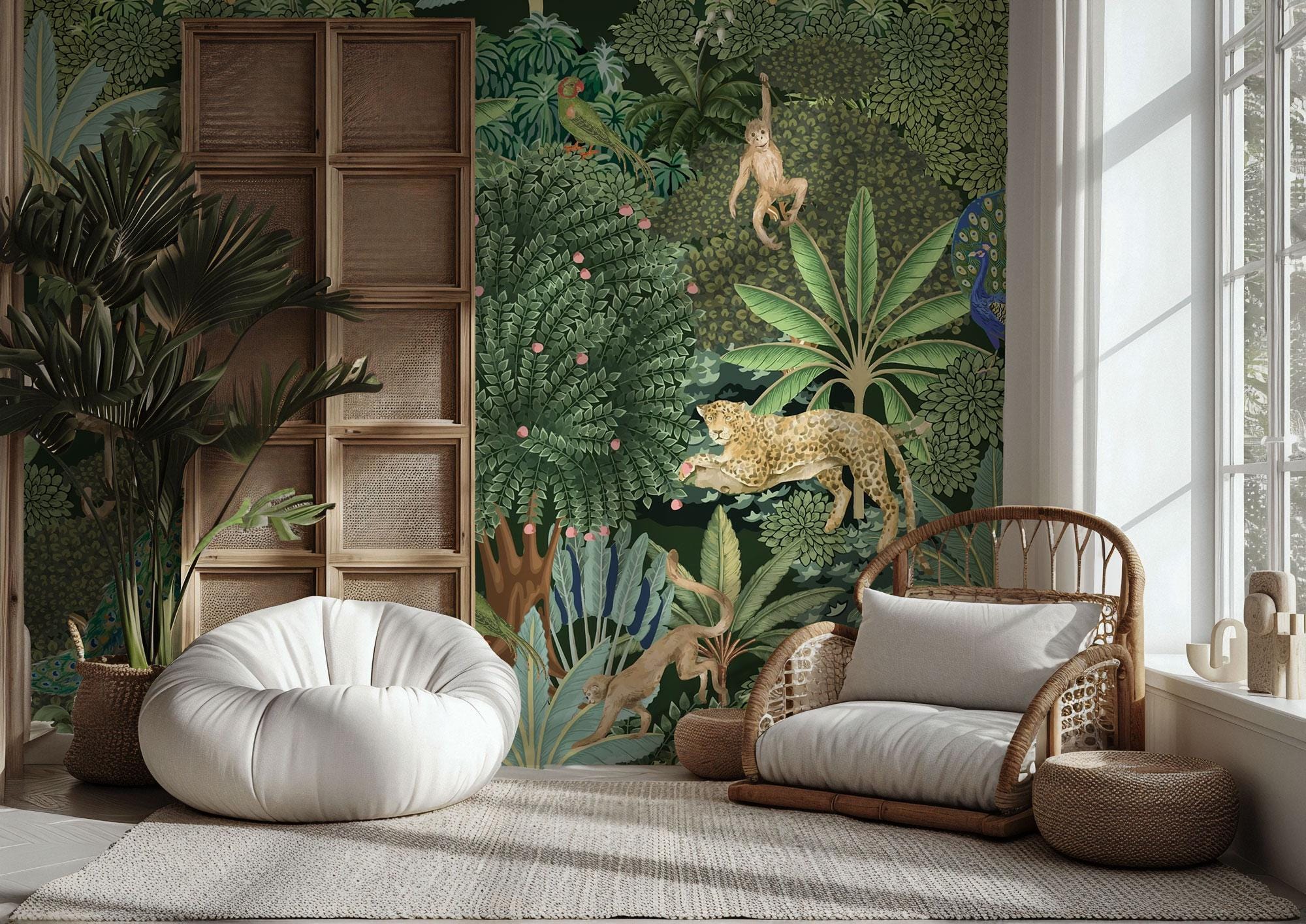 Tropical Animals Peel and Stick Wallpaper Mural, Forest Wallpaper - View 5